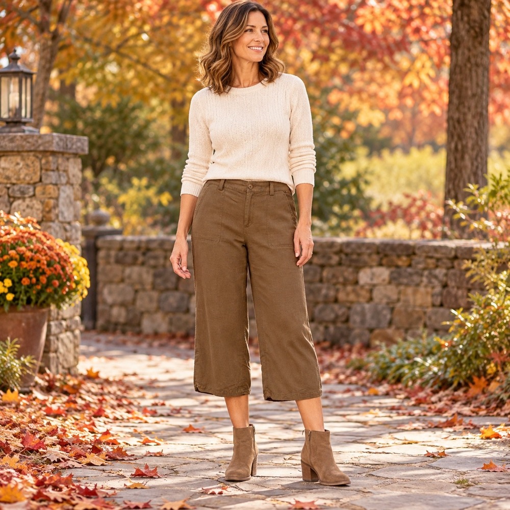 Coldwater Creek Natural Fit Brown Linen Blend Wide Leg Capri Crop Pants Size 8 - Picture 1 of 11